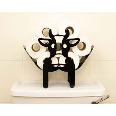 Image of HomeZone Cow Toilet Roll Holder Novelty Animal Bathroom Accessory Decorative Home Indoor Storage Loo Paper Black Metal Free Standing Fun Decor