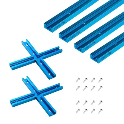 Image of POWERTEC 72081 Double Cut Profile Universal T Track &amp; Intersection Kit, 4pc 24 Inch Aluminum Tracks with 2 Sets 3&quot; Drill Press Table, Router Workbench