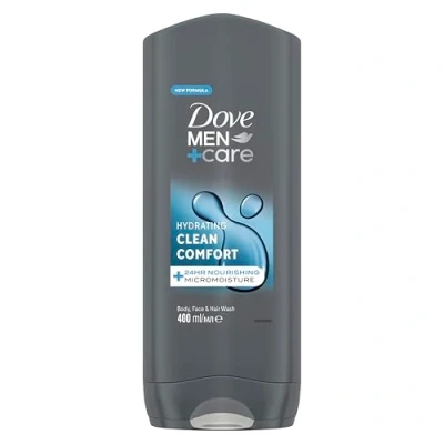 Image of Dove Men+Care Hydrating Clean Comfort 3 in 1 Hair, Body and Face Wash Cleanser shower gel with 24 hour nourishing MicroMoisture technology for relaxed re energised skin 400 ml