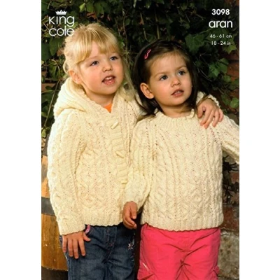 Image of King Cole Childrens Sweater, Coat &amp; Hooded Jacket Fashion Knitting Pattern 3098 Aran by
