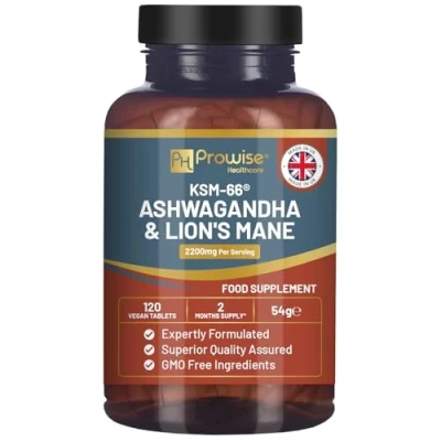 Image of KSM 66 Ashwagandha and Lions Mane Tablets High Strength 2200mg Root Extract Mushroom 120 Vegan with Black Pepper UK Made by Prowise