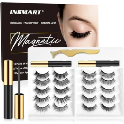 Image of Magnetic Eyelashes,INSMART 10 Pairs False Eyelashes Upgraded 3D 5D and Eyeliner Kit with 2 Tubes of Tweezers Natural Look No Glue