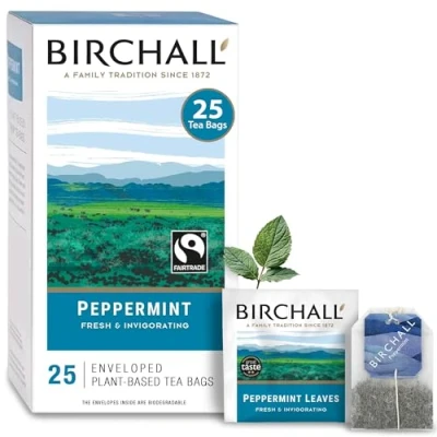 Image of Birchall Tea Bags, Peppermint Gift Set, Caffeine Free Bursting with Full Flavour, Perfect Vegan Gifts, 25 Enveloped Plant Based Bags