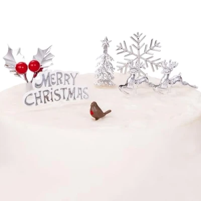 Image of Evelay Cake Toppers Merry Christmas Decoration 7pc silver gold Pieces Cupcake ylog Multi Purpose (7pc Silver)