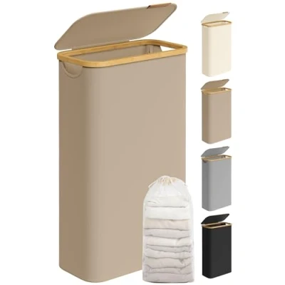 Image of SONGMICS Laundry Basket with Lid, Slim Hamper, 65 L, Space Saving, Removable Mesh Liner, Oxford Fabric, Bamboo Handles, Collapsible, 42 x 22.5 70.5 cm, Camel Brown LCB506N02