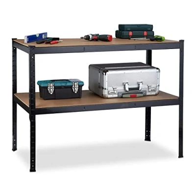 Image of Relaxdays Workbench, 2 Levels, Workshop &amp; Garage, Steel MDF, H x W D: 90 120 60 cm, Black