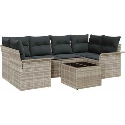 Image of vidaXL 7 Piece Garden Sofa Set with Cushions Light Grey Poly Rattan