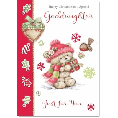 Image of doodlecards Goddaughter Christmas Card Cute Bear with Red Hat Medium Size for Plain Envelope
