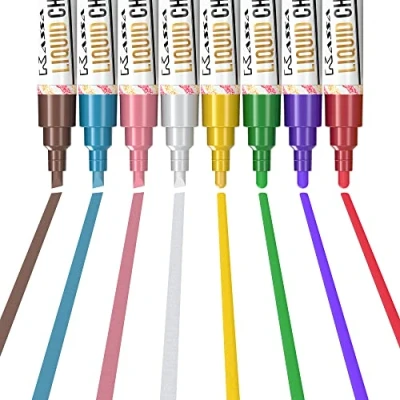 Image of Kassa Liquid Chalk Markers (8 Pack) Metallic Colours Erasable Chalkboard Pens for Blackboard Glass Mirrors Reversible Dual Tip