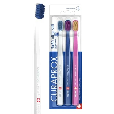 Image of Curaprox CS 5460 Toothbrush Set Ultra Soft Manual for Adults with Super CUREN Bristles White, Dark Blue, Pink
