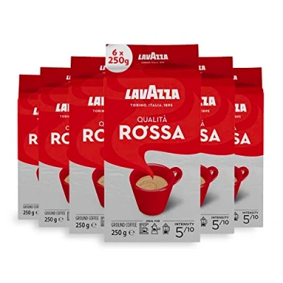 Image of Lavazza, Qualità Rossa, Ground Coffee, 6 x 250 g, Ideal for Moka Pots, with Aromatic Notes of Chocolate and Dried Fruits, Arabica Robusta, Intensity 5/10, Medium Roasting