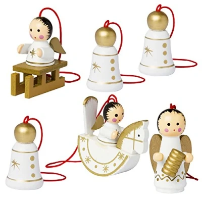 Image of BRUBAKER 6 Piece Set Christmas Tree Pendant Angel and Bells Natural Wooden Ornaments Hand Painted for the Made in Germany