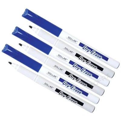 Image of Dry Erase Markers, Bullet Tip, BLUE, Pack of 5, Whiteboard Marker Pens, 1.0mm Medium Point, BroadMark 1.0 Wipe ZOFAX Black Ball Pen