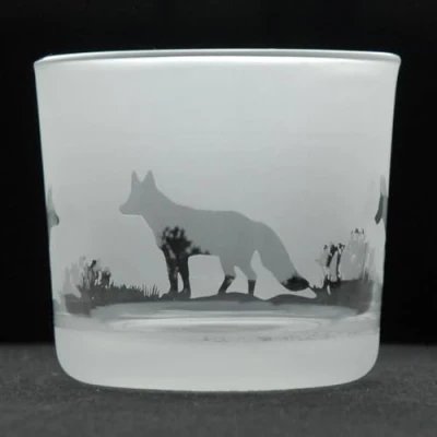 Image of Animo Glass Votive Tea Light Candle Holder, Frosted Etched Holders with Fox Design Clear Tealight Holder Birthday Gift Woodland Home Decor