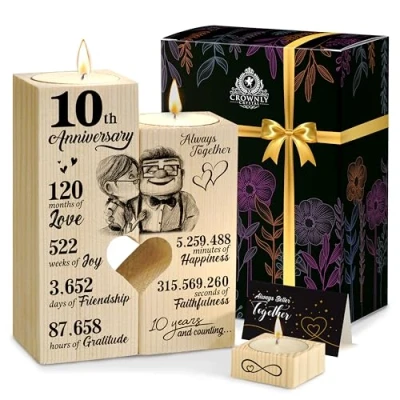 Image of CROWNLY CRYSTAL® 10th Wedding Anniversary Candle Holders Personalised Gifts for Women Couples His and Hers Husband Presents Wife from