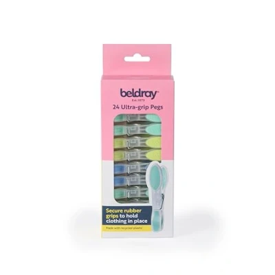 Image of Beldray 24 Ultra Grip Clothes Pegs Secure Rubber Grip, Washing Line Pegs, Windproof Clip, Made From Recycled Plastic, Anti Slip Moisture &amp; Rust Resistant