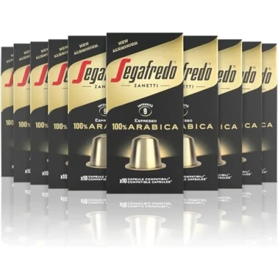 Image of Segafredo Zanetti 100 Aluminum Capsules Compatible with Nespresso percent Arabica Coffee, Smooth and Aromatic Flavor (10 Boxes of 10 Each) Suitable for Original Machines