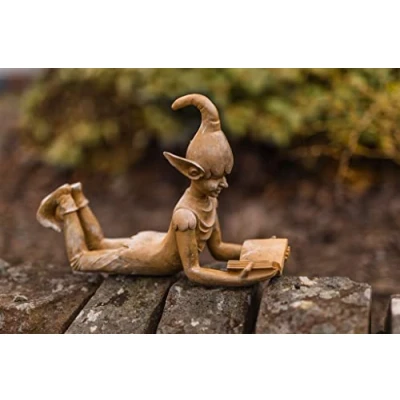 Image of Garden mile Fairy Ornaments Outdoor Bronze Elf Statue Lying Down With Book Novelty Resin and Weatherproof Pixie Goblin Imp Sculptures Figurine for Patio, Pond, Yard, Lawn Decor