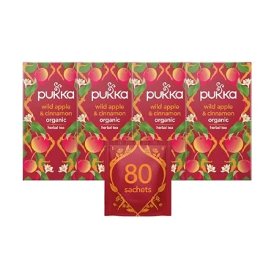 Image of Pukka Herbs Wild Apple and Cinnamon Organic Herbal Tea Box Infusion With Ginger, Orange Cardamom Perfect For Bright Energy Caffeine Free 4 Packs 80 Plant Based Biodegradable Bags
