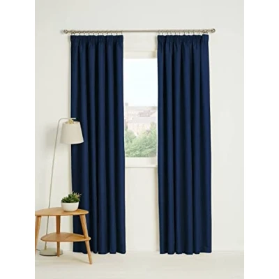 Image of Kinfolk Textile Blackout Thermal Pencil Pleat Tape Top Insulated Pair of Curtains Including 2 Tiebacks (Navy Blue, 46&quot; x 54&quot;)