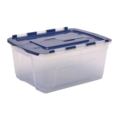 Image of BANKERS Box 45L Plastic Tote 3 Pack, BPA Free Polypropylene, 100% Recycled Lids, Nesting &amp; Stackable, Split Lid, 28x43x59cm, Versatile for Home Office