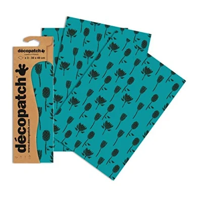 Image of Décopatch Ref C758O Turquoise Thistle Silhouettes Paper Pack Each Sheet 30 x 40cm, of 3 Sheets Best Used With Décopach Glue &amp; Varnish, Blue Green