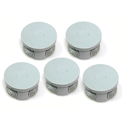 Image of 5x IP44 junction box with rubber grommets and snap on lid 65 x 35mm round lighting terminal cable connection adaptable enclosure case