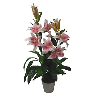 Image of Leaf Large Artificial Stargazer Style Lily Plant, Pink, 90 cm