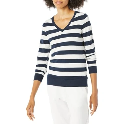 Image of Amazon Essentials Women&#039;s Classic Fit Lightweight Long Sleeve V Neck Jumper (Available in Plus Size), Navy White Rugby Stripe, S