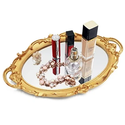 Image of Funerom Vintage 36.8 x 25.4 cm Gold Mirror Tray Decorative Bathroom Serving Oval