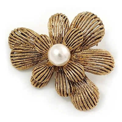 Image of Avalaya Vintage Inspired Layered Textured Flower Brooch in Gold Tone Metal 60mm