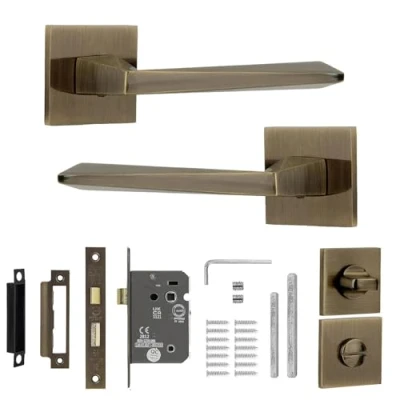 Image of Decoranddecor Antique Brass Door Handles Internal Aluminium Handle Sets for Interior Doors with Bathroom Lock and Turn Release Leda Range