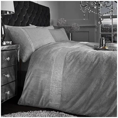 Image of GC GAVENO CAVAILIA Teddy Fleece Duvet Set, Easycare Diamante Bedding Single Bed Fluffy Quilt Cover Grey