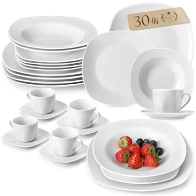 Image of MALACASA Dinner Sets for 6 People, 30 Piece Plates and Bowls Set Ivory White Porcelain Tableware with Plate/Soup Plate/Dessert Plate/Cup/Saucer, Service 6, Series Elisa
