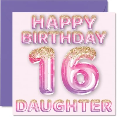 Image of 16th Birthday Card for Daughter Pink &amp; Purple Glitter Balloons Happy Cards 16 Year Old from Mum Dad Parents, 145mm x Bday Greeting Gift