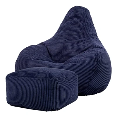 Image of icon Dalton Cord Recliner Bean Bag Chair and Footstool, Navy Blue, Large Lounge Gaming Bags for Adult with Filling Included, Jumbo Adults Beanbag, Boho Decor Living Room Furniture