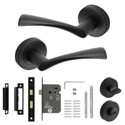Image of Decoranddecor Apex Matt Black Lever On 54mm Rose Door Handles Internal Curved Design Aluminium Bath Lock Kit