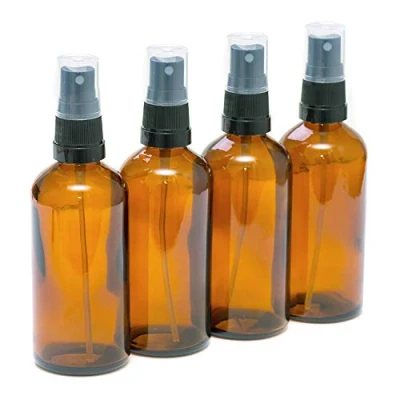 Image of PACK of 4 100ml AMBER GLASS Bottles with Black ATOMISER Sprays. Essential Oil/Aromatherapy Use