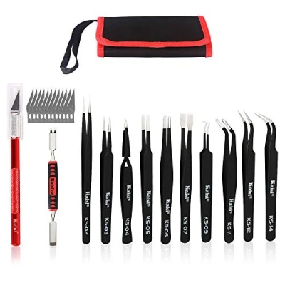 Image of Precision Tweezers Set, Kaisi 12 PCS ESD Tweezer Anti Static Stainless Steel Kit Curved for Craft, Jewelry, Electronics, Laboratory Work