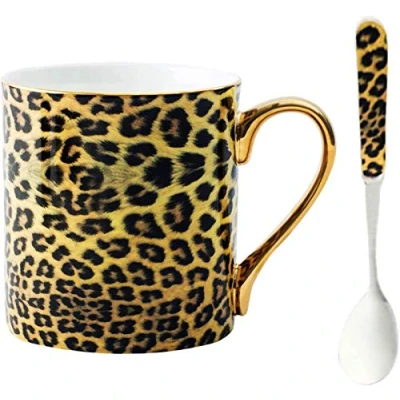 Image of YBK Tech Bone China Porcelain Tea Cup, 12oz Coffee Mug for Home Kitchen Office Leopard Pattern (Yellow)