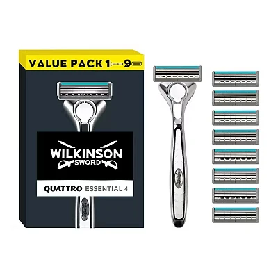 Image of WILKINSON SWORD Quattro Titanium For Men Sensitive Comfort Razor Handle + 9 Blade Refills