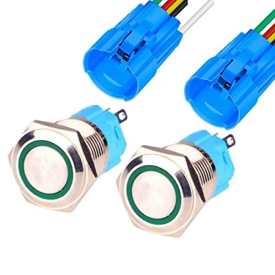 Image of Gebildet 2 Pieces 0.63 Inch/16mm Stainless Steel Momentary Push Button 12V 24V 5A LED 1NO1NC SPDT ON Off Waterproof with Wire Socket Plug (Green LED)