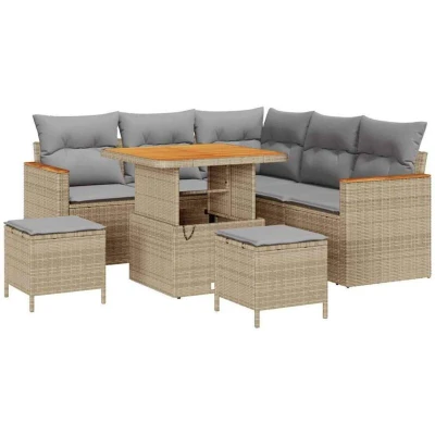 Image of vidaXL 8 Piece Garden Sofa Set with Cushions Beige Poly Rattan Acacia