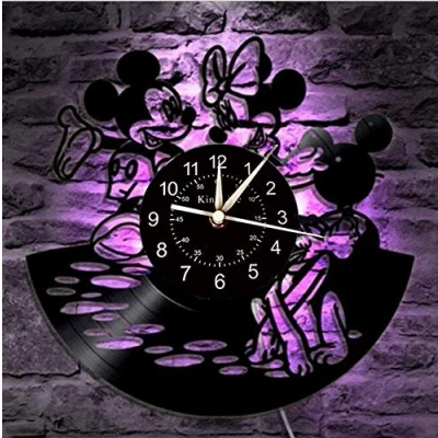 Image of Smotly Vinyl wall clock, 12 inch Mickey Minnie creative with remote night atmosphere light, a clock gift for anime enthusiasts. (Color)