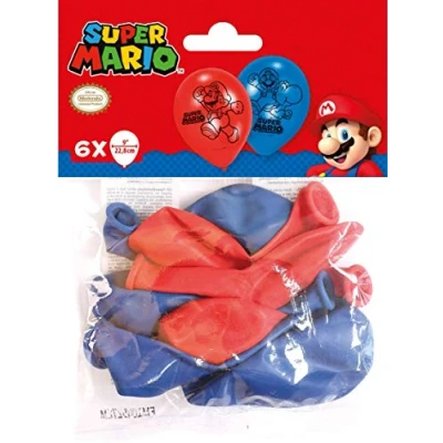 Image of Amscan 9901546 Latex Balloons Super Mario Pack of 6 Blue/Red