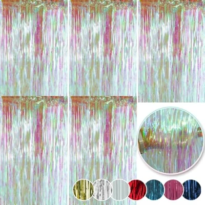 Image of SRV Hub® Pack of 5 Christmas Lametta Strands Angel Hair Xmas Tree Decoration, Holographic Foil Hanging Decoration for Wall or Window Size 1.2M (Iridescent Lametta)