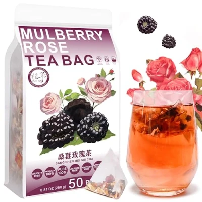 Image of Plant Gift Mulberry Rose Tea Bag 8.81oz (5g*50bags) Poria cocos, Rose, Lily, Chinese Pure Natural, Health Care Mixed Tea, Combination of Floral 250g 桑葚玫瑰茶
