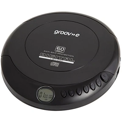 Image of groov e RETRO Compact CD Player Personal Music with R &amp; RW Playback Anti Skip Protection, Programmable Tracks Earphones Included Micro USB or Battery Powered Black