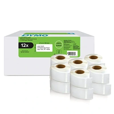 Image of DYMO Authentic LabelWriter Return Address Labels 25 mm x 54 Self Adhesive 12 Rolls of 500 Easy Peel (6,000 Count) for Label Makers Made in Europe