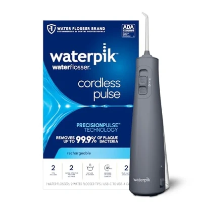Image of Waterpik Cordless Pulse Rechargeable Portable Water Flosser for Teeth, Gums, Braces Care and Travel with 2 Flossing Tips, Waterproof, ADA Accepted, WF 20 Gray, Packaging May Vary